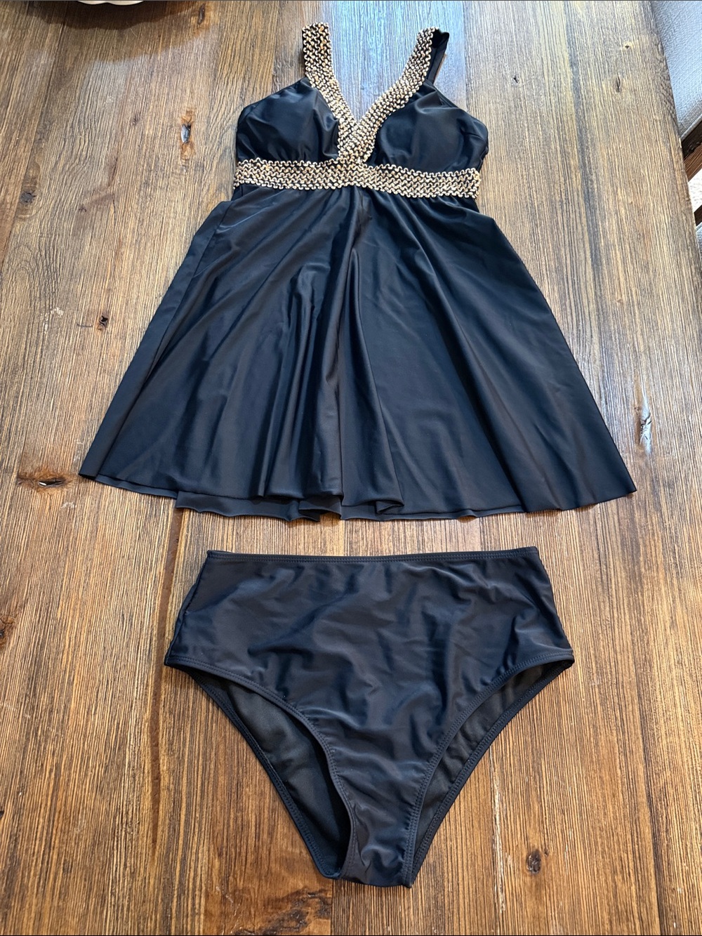 Black Swim Dress with Gold Trim and Matching Briefs - Women's Swim